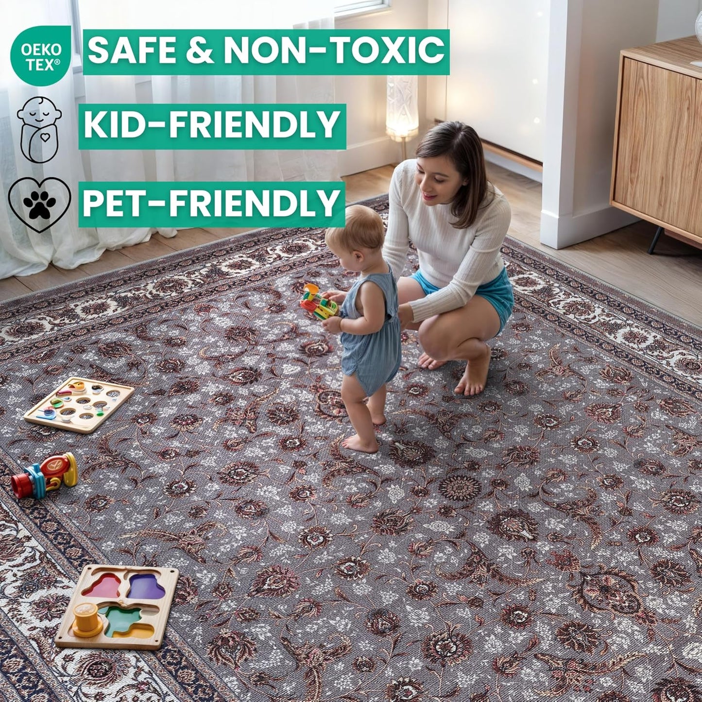 Bloom Rugs Washable Non-Slip 8' x 10' Rug - Slate Gray Traditional Oriental Area Rug for Living Room, Bedroom, Dining Room, and Kitchen - Exact Size: 8' x 10'