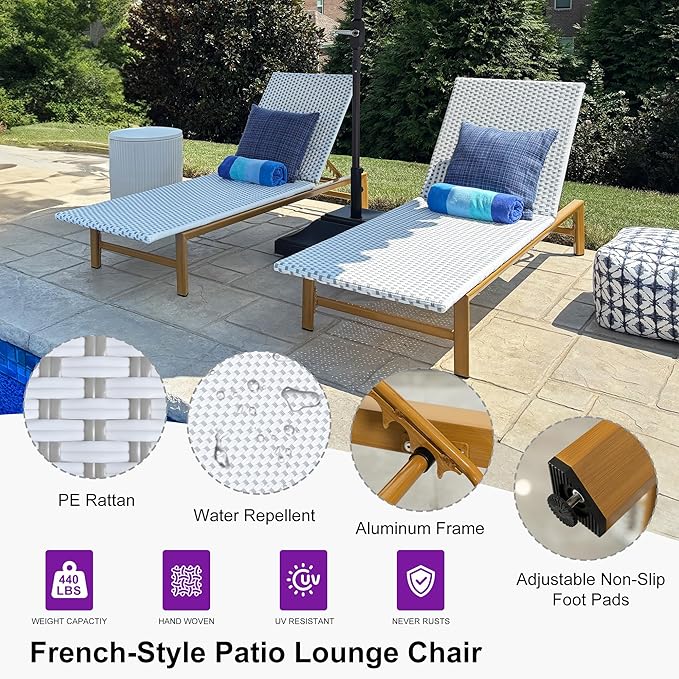 PURPLE LEAF Extra Wide Patio Chaise Lounge Set of 2 Outdoor Lounger French PE - Image 7