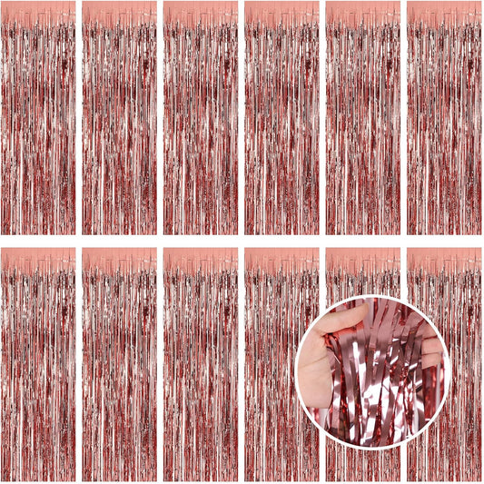 Rose Gold Fringe Curtain Party Streamers, 12 Pack 3.3ft x 8.2 ft Foil Curtain Backdrop Tinsel Foil Fringe Curtains Photo Booth Backdrop Streamer for Birthday, Wedding, Baby Shower, Disco Party