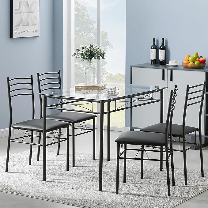 VECELO Dining Table Set for 4, 5-Piece Glass Kitchen Table - Image 2