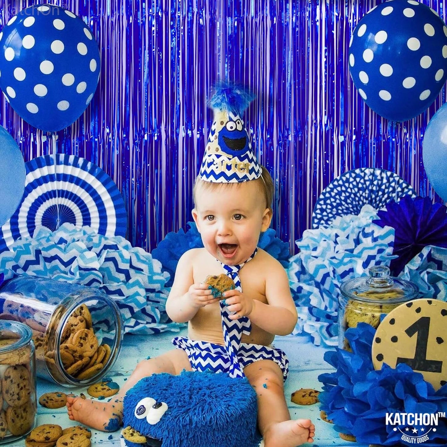 KatchOn, Metallic Blue Backdrop Curtain - Pack of 2 | Blue Streamers for Royal Blue Party Decorations | Foil Fringe Streamers for Under The Sea Party Decorations, Mermaid Bachelorette Decorations