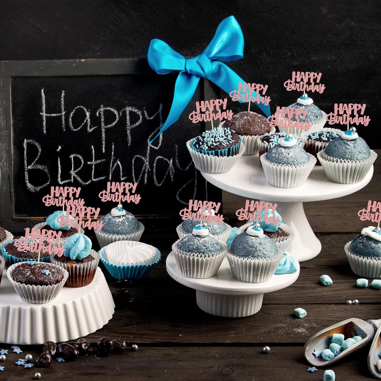 Gyufise 24Pcs Happy Birthday Cupcake Toppers Rose Gold Glitter Birthday Cake Picks for Celebrating Birthday Party Baby Shower Party Decorations Supplies