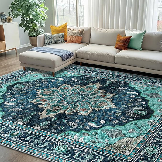 RELEANY Area Rugs 7'x10' Washable Non-Slip, Floral Vintage Distress Print by RELEANY