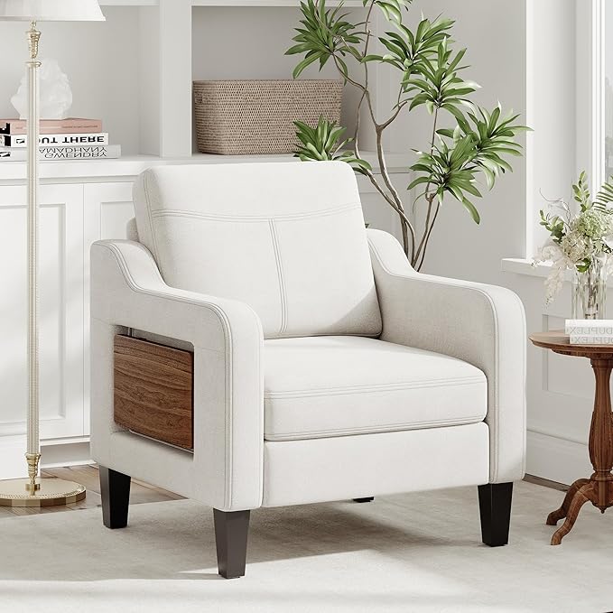 Accent Chair for Living Room Modern Linen Upholstered Armchair Side Wooden - Image 2