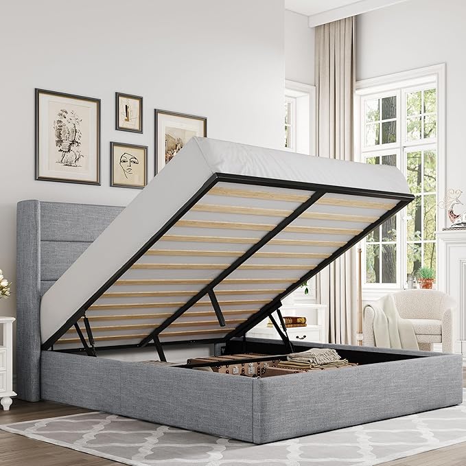 Allewie Full Size Lift Up Storage Bed, Modern Wingback Headboard, Hydraulic by Allewie
