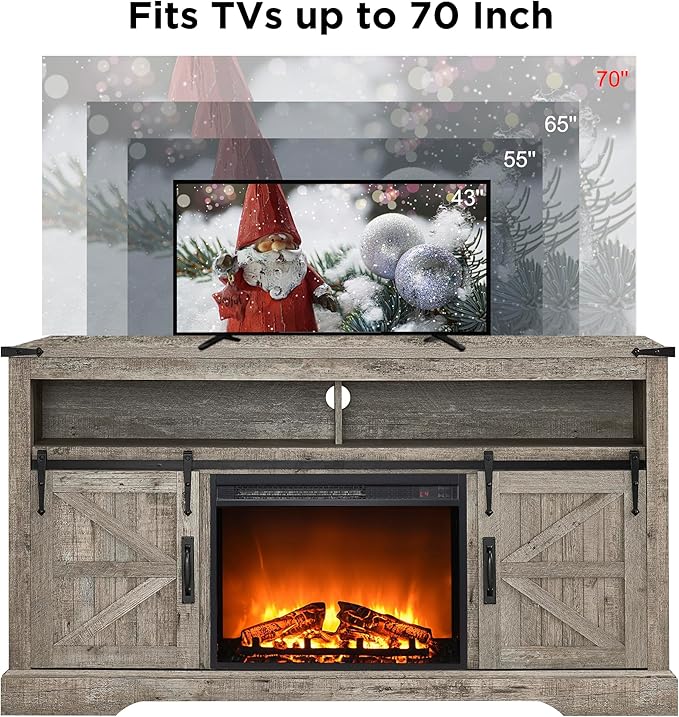 OKD Fireplace TV Stand for 65+ Inch TV, Rustic Media Console w/Sliding Barn - Image 5