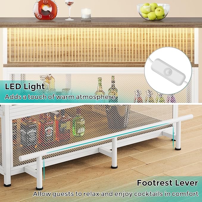 L-Shaped Home Bar Unit with Wine Glasses Holder and LED Light, Modern Bar Table - Image 8