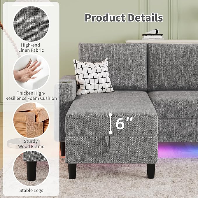 Sectional Couches for Living Room, 6-Seats Soft Linen Fabric Sectional Sofa - Image 6