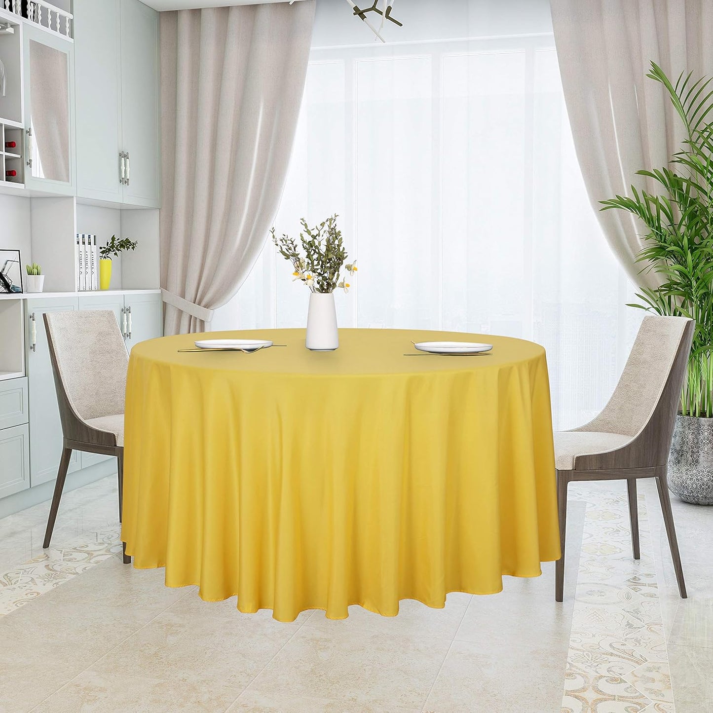 sancua Round Tablecloth - 108 Inch - Water Resistant Spill Proof Washable Polyester Table Cloth Decorative Fabric Table Cover for Dining Tables, Buffet Parties and Camping, Yellow