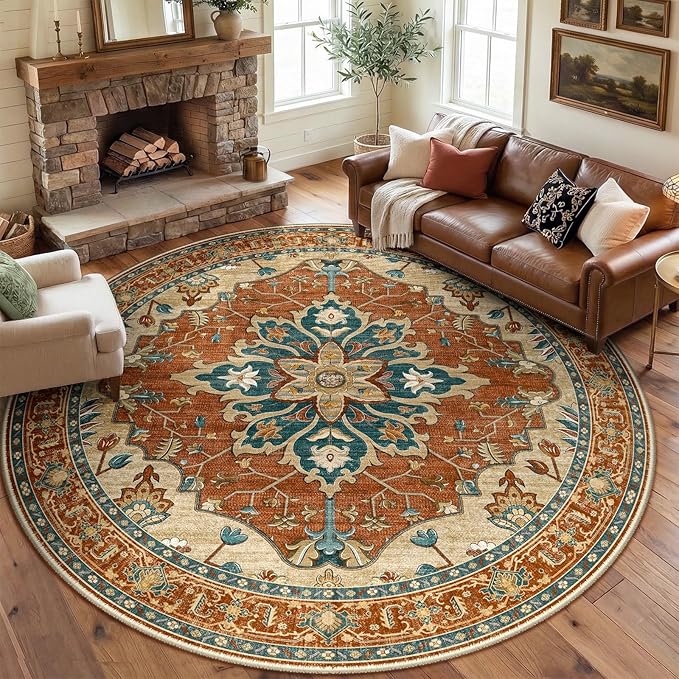 RELEANY Area Rugs Round 8ft Washable Non-Slip, Floral Vintage Distress Print by RELEANY