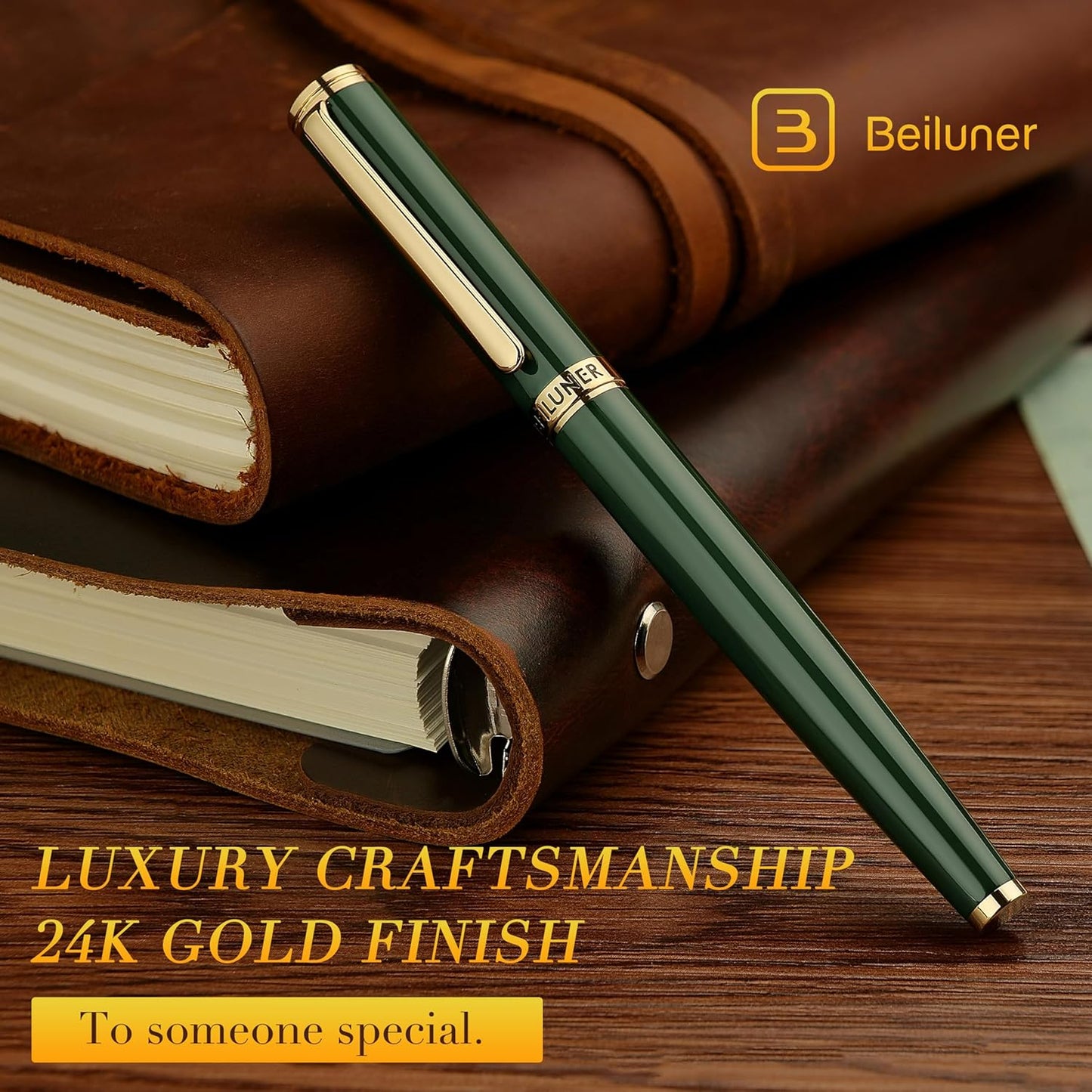 BEILUNER Racing Green Fountain Pen,Stunning Luxury Pens with 24K Gold Finish, Gorgeous 24K Gilded Nib(Fine), Trustworthy Gift for Men&Women -Ink Converter-Elegant, Graduation,Fancy Pen for Writing