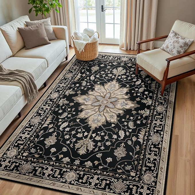 RELEANY Area Rugs 5'x8' Washable Non-Slip, Floral Vintage Distress Print by RELEANY