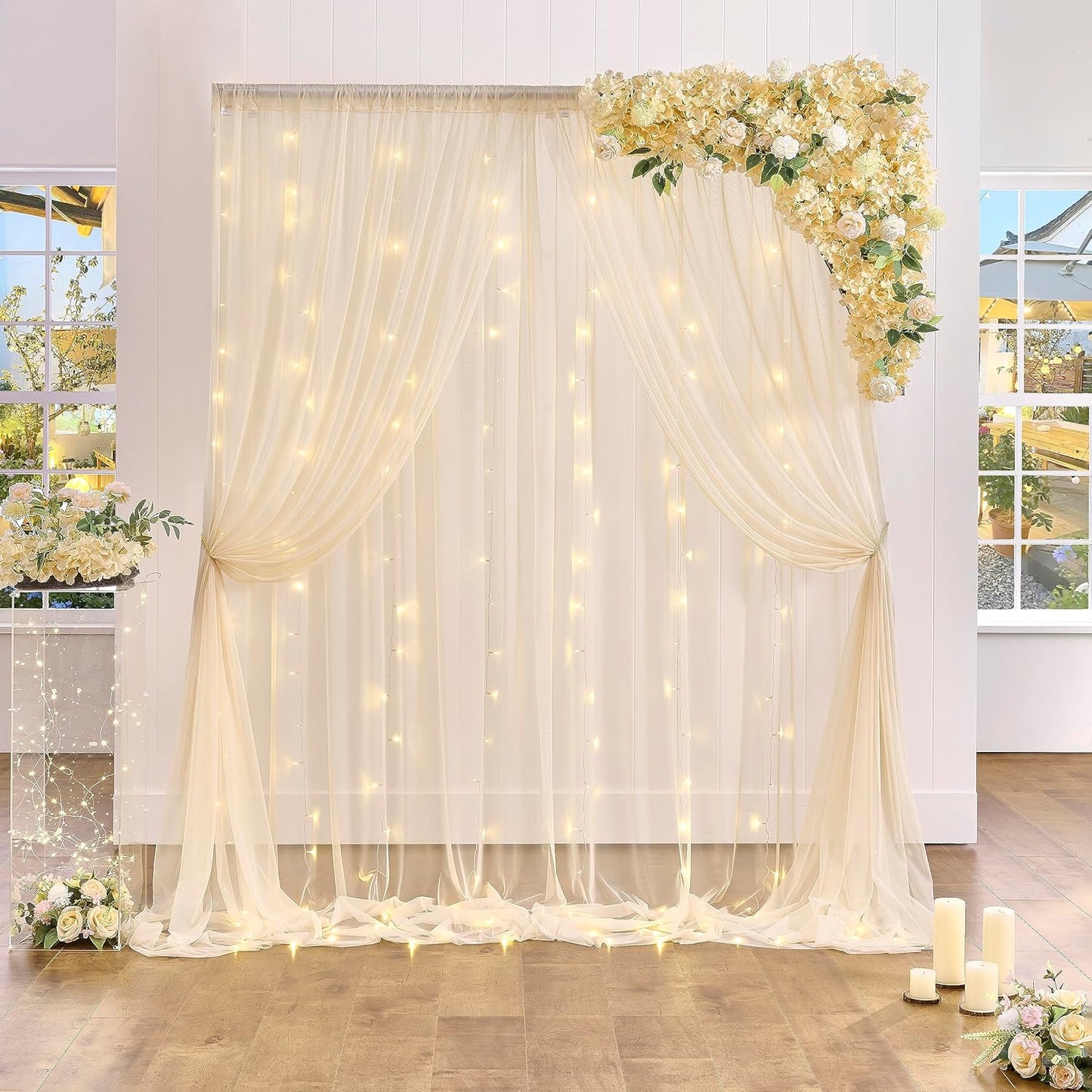 Champagne Backdrop Curtain with Lights String for Parites Wedding 20×8ft Sheer Tulle Backdrop Curtains for Bridal Shower Baby Shower Birthday Party Photo Shoot Background Decorations(4 Panels 5ft×8ft)