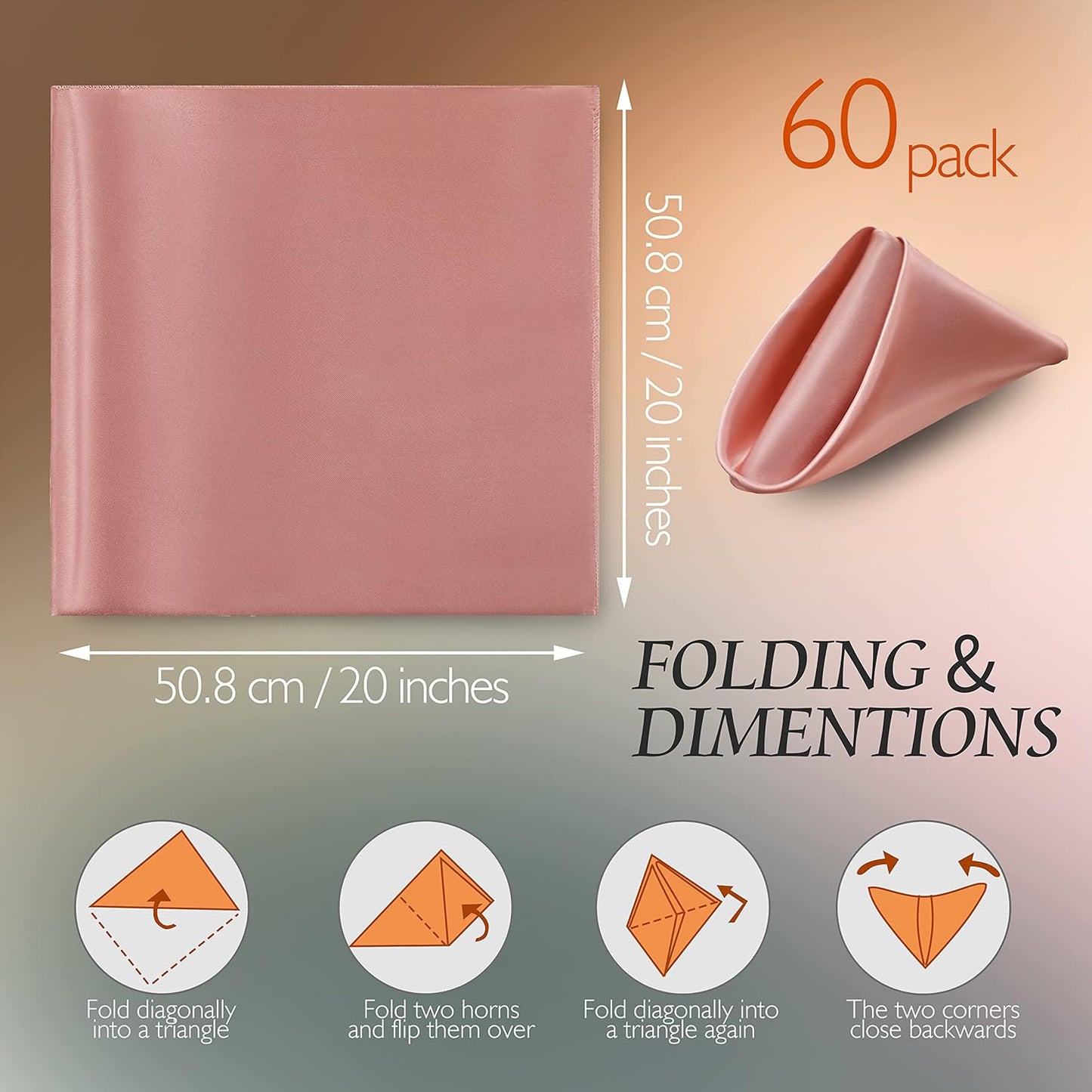 Manyshofu 60 Pieces Rose Gold Satin Napkins - 20x20 Inches Cloth Napkins, Square Satin Fabric Napkins Set - Soft & Reusable Table Napkin for Wedding Dinner Party Lunch Banquet Restaurant Decoration