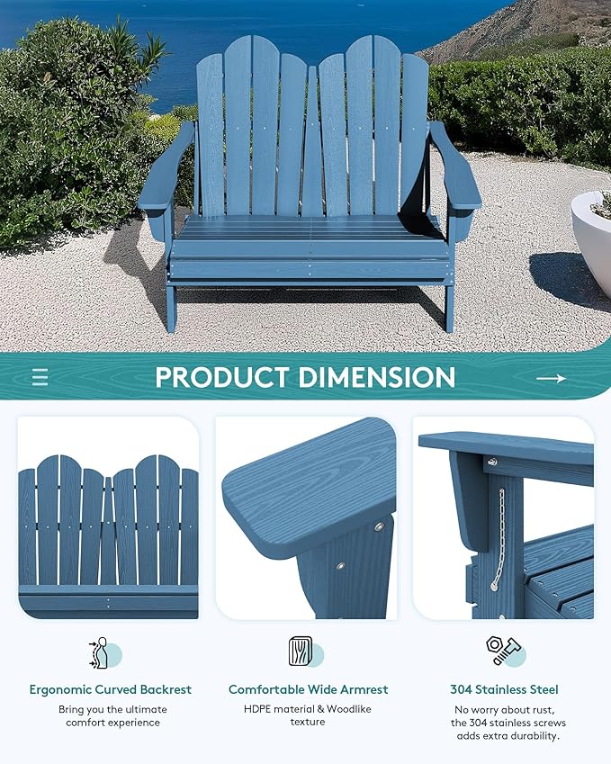 SERWALL Folding Adirondack Bench, HDPE All-Weather Adirondack Loveseat Set of 2 - Image 7