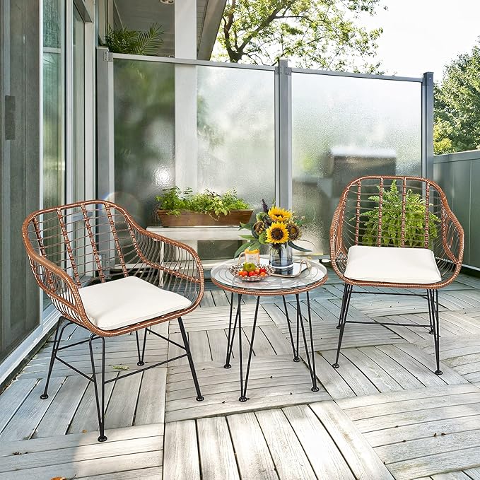 Tangkula 3 Pieces Patio Conversation Bistro Set, Outdoor Wicker Furniture - Image 2