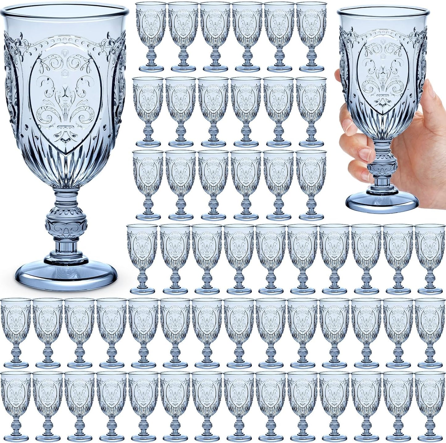 60 Pack Plastic Goblets 10oz Upgrade Vintage Water Goblet Plastic Wine Glasses Colored Retro Embossed Glassware for Party Wine Bar Juice Baby Shower Wedding Reception Grand (Blue)