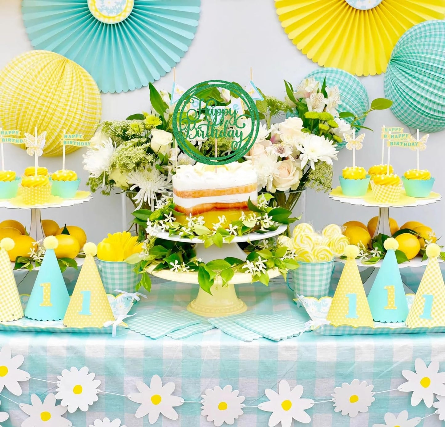 Happy Birthday Cake Topper - Green Glitter Happy Birthday Cake Decoration Supplies for Children or Adults - Happy Birthday Cake Bunting Decor, Photo Booth Props