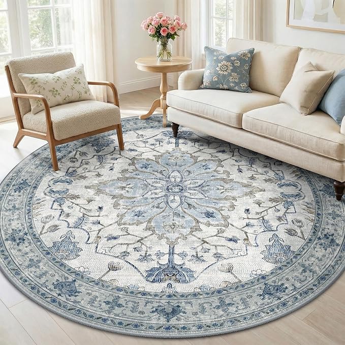 RELEANY Area Rugs Round 5ft Washable Non-Slip, Floral Vintage Distress Print - Image 2
