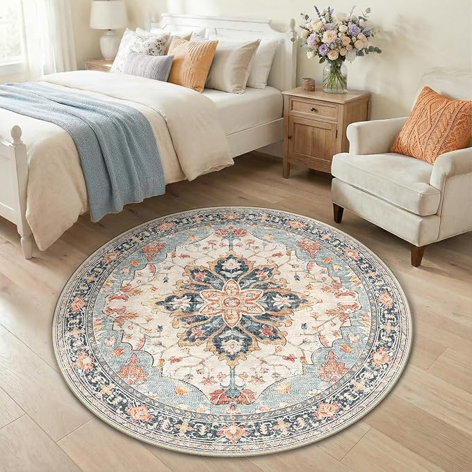 RELEANY Area Rugs Round 4ft Washable Non-Slip, Floral Vintage Distress Print - Image 3