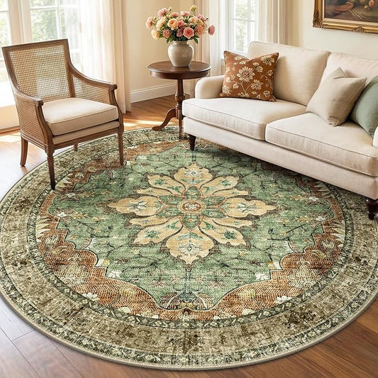 RELEANY Area Rugs Round 6ft Washable Non-Slip, Floral Vintage Distress Print by RELEANY