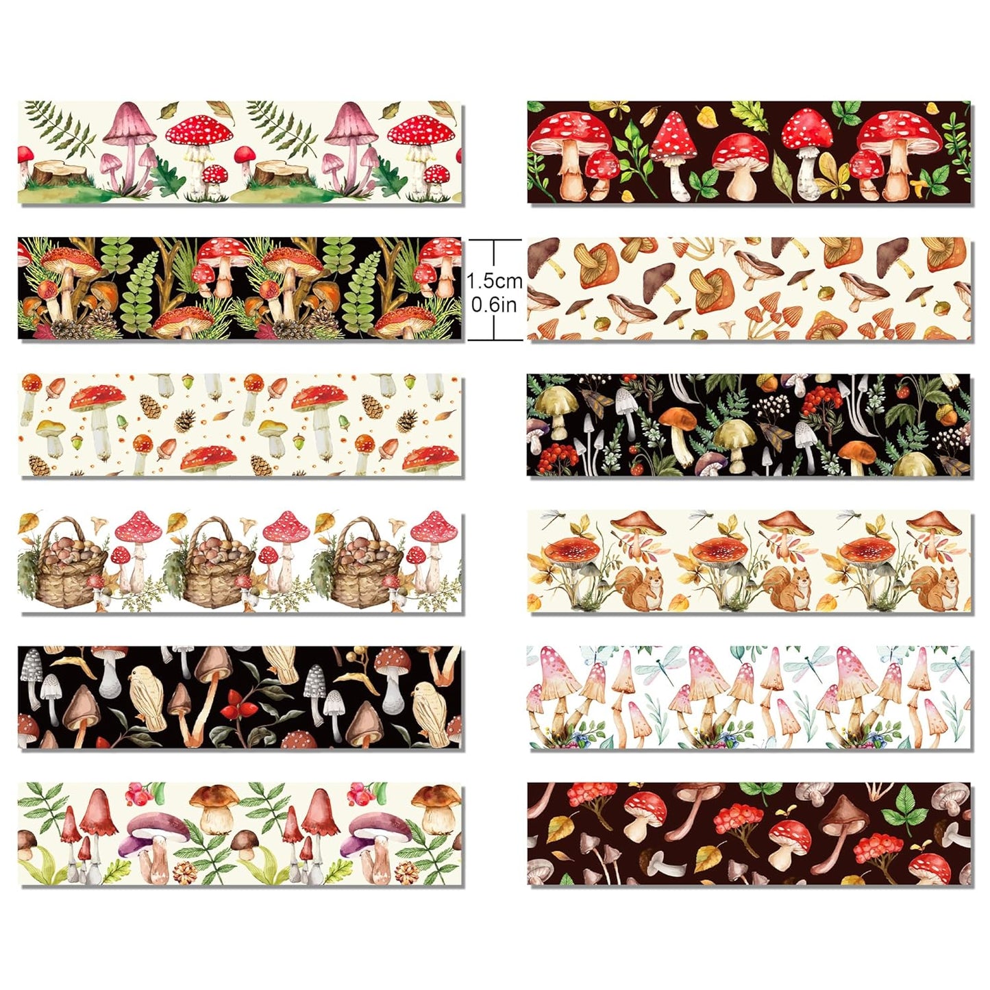 Adirasenotek 12 Rolls Mushroom Washi Tape Set,Vintage Washi Tape Decorative Paper Stickers Decorative Tape,DIY Art Crafts Wrapping Decor for Gifts Wrapping