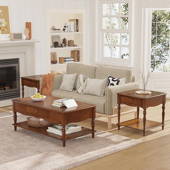 Mid-Century Modern Living Room Coffee Table Set, 3-Piece Solid Wood Living Room - Image 3