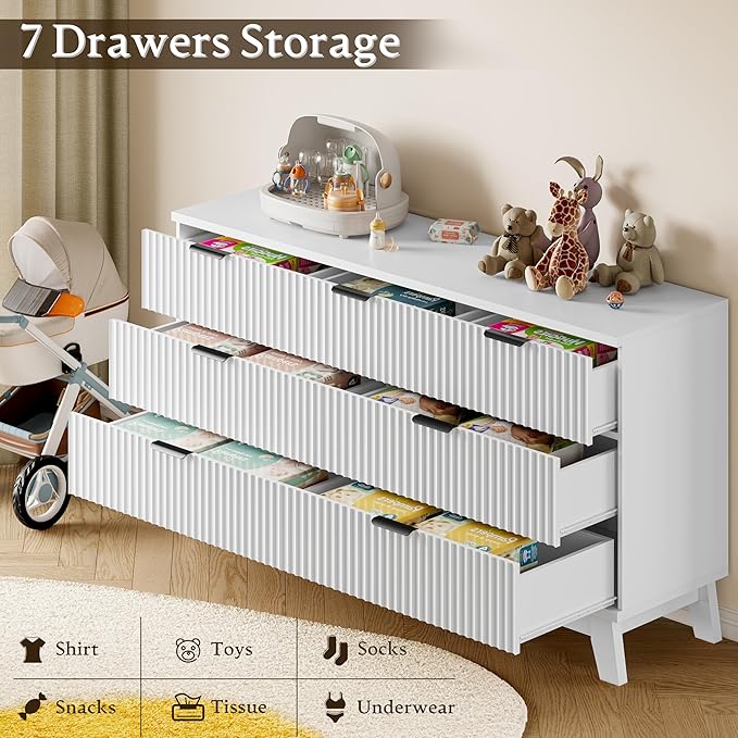 BORNOON 57" Long Dresser for Bedroom, 7-Drawer Fluted Chest, Wide Wood Storage - Image 6