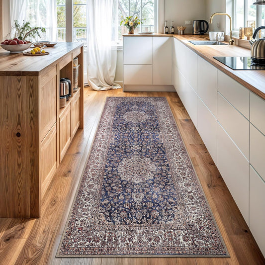 Bloom Rugs Washable Non-Slip 12 ft Runner - Dark Blue/Beige Traditional Medallion Runner for Entryway, Hallway, Bathroom, and Kitchen - Exact Size: 2.5' x 12'