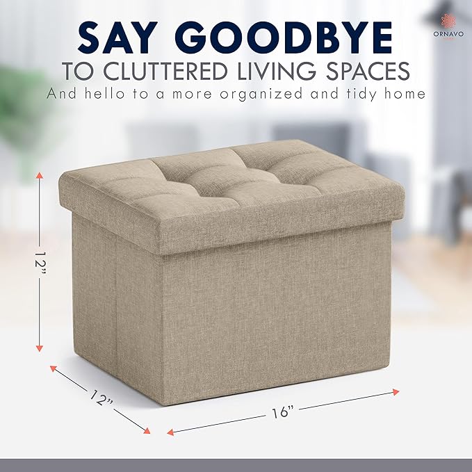 Ornavo Home Small Storage Ottoman Foldable Collapsible Rectangle Linen Ottoman - Image 2