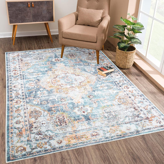 Bloom Rugs Washable Non-Slip 4' x 6' Rug - Teal/Peach Traditional Area Rug for Living Room, Bedroom, Dining Room, and Kitchen - Exact Size: 4' x 6'