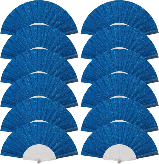 12 Pack Handheld Fan,Folding Hand Glitter fan with Shining Transparent Fan Rib – Ideal for Wedding, Church, Festival, Dance, Tea Party, Club, and EDM Accessories, Royal blue