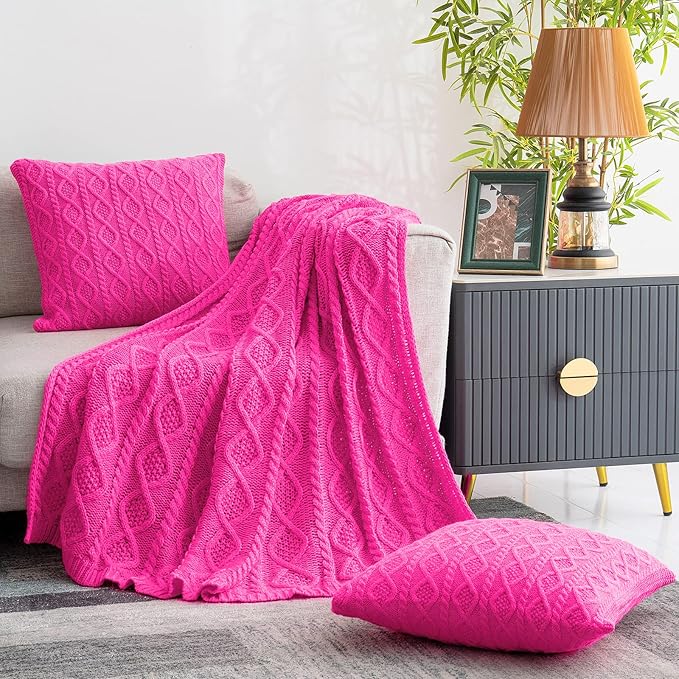 Homiest Hot Pink Cable Knit Throw Blanket Set of 3, Soft & Cozy Acrylic Blanket - Image 3