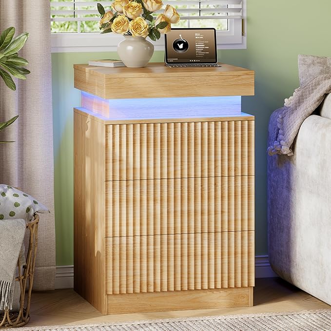 Xixini Nightstand with Charging Station and LED Lights, Fluted Night Stand with - Image 8