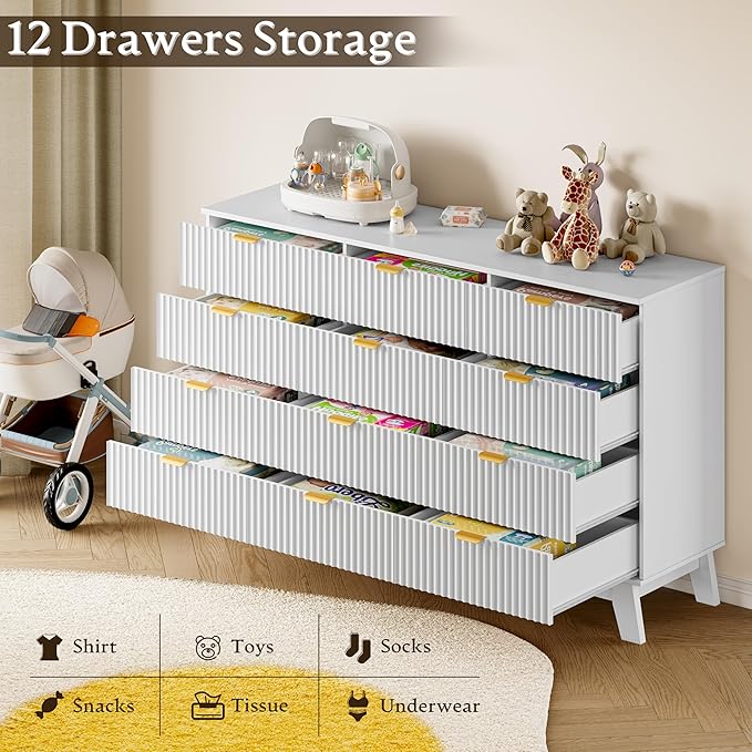 BORNOON 57" Wide Dresser for Bedroom, 12-Drawer Fluted Dresser - Image 3