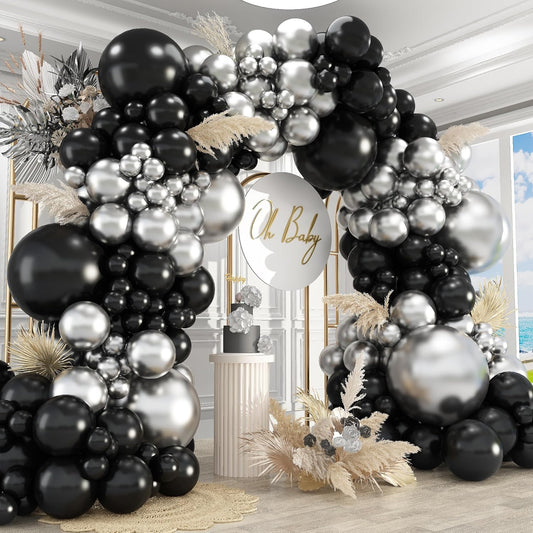 412Pcs Black and Silver Balloons Arch Kit, Latex Balloons Different Sizes 18 12 10 5 Inch for Birthday, Wedding, Graduation, Anniversary Decorations