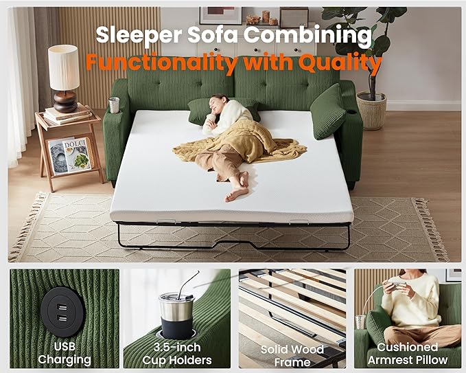 Queen Size Pull Out Sleeper Sofa Bed, 2-in-1 Convertible Corduroy Pull Out - Image 5