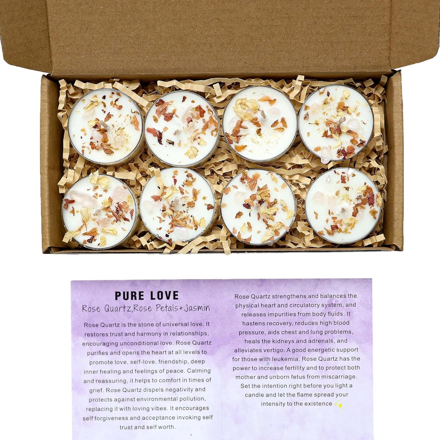 Tealight Candles with Crystals and Herbs, Handmade Energy Candles. (White)