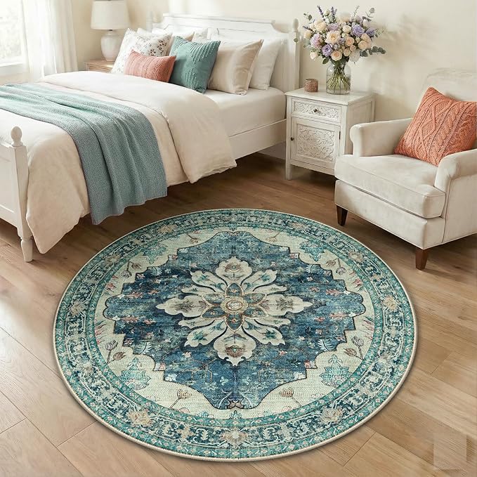 RELEANY Area Rugs Round 4ft Washable Non-Slip, Floral Vintage Distress Print - Image 3