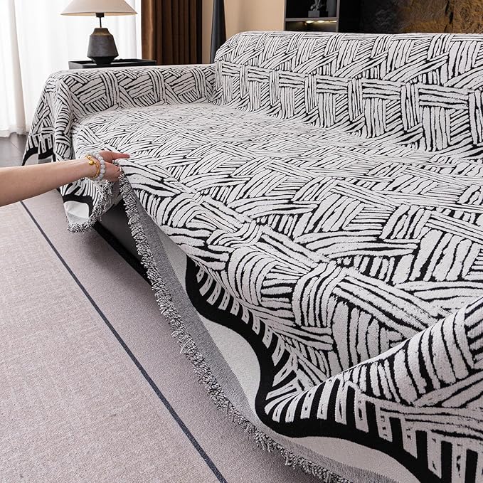 VClife Boho Couch Cover, Abstract White and Black Line Geometric Jacquard Couch - Image 5