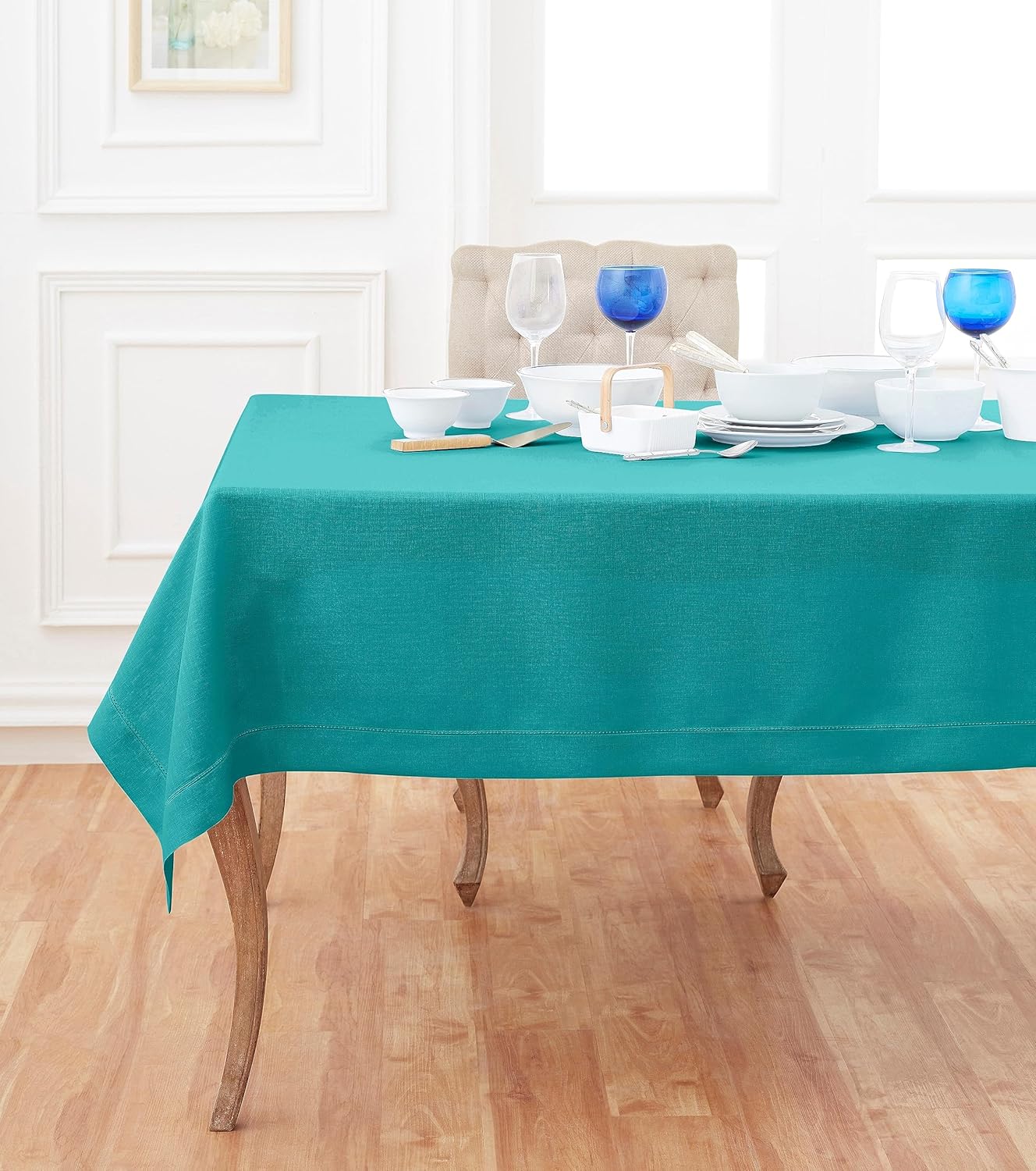 Solino Home Linen Teal Tablecloth 60 x 120 Inch - Classic Hemstitch, 100% Pure Linen Rectangular Tablecloth - Machine Washable Table Cloth for Fall, Autumn, Thanksgiving, Christmas