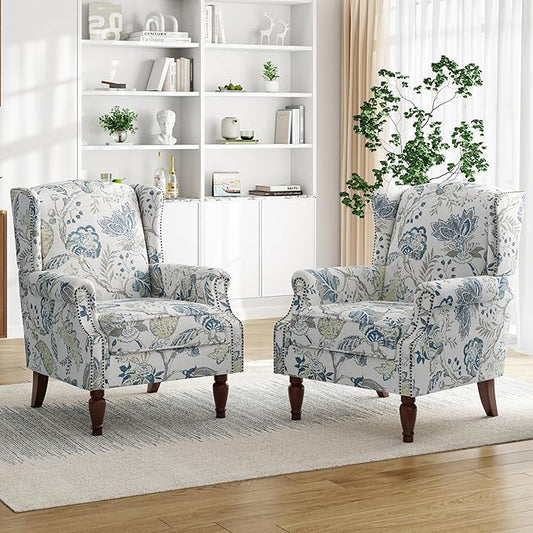 Pia Ricco Set of 2 Floral Accent Chairs, High Back Upholstered Armchairs by PiaRicco
