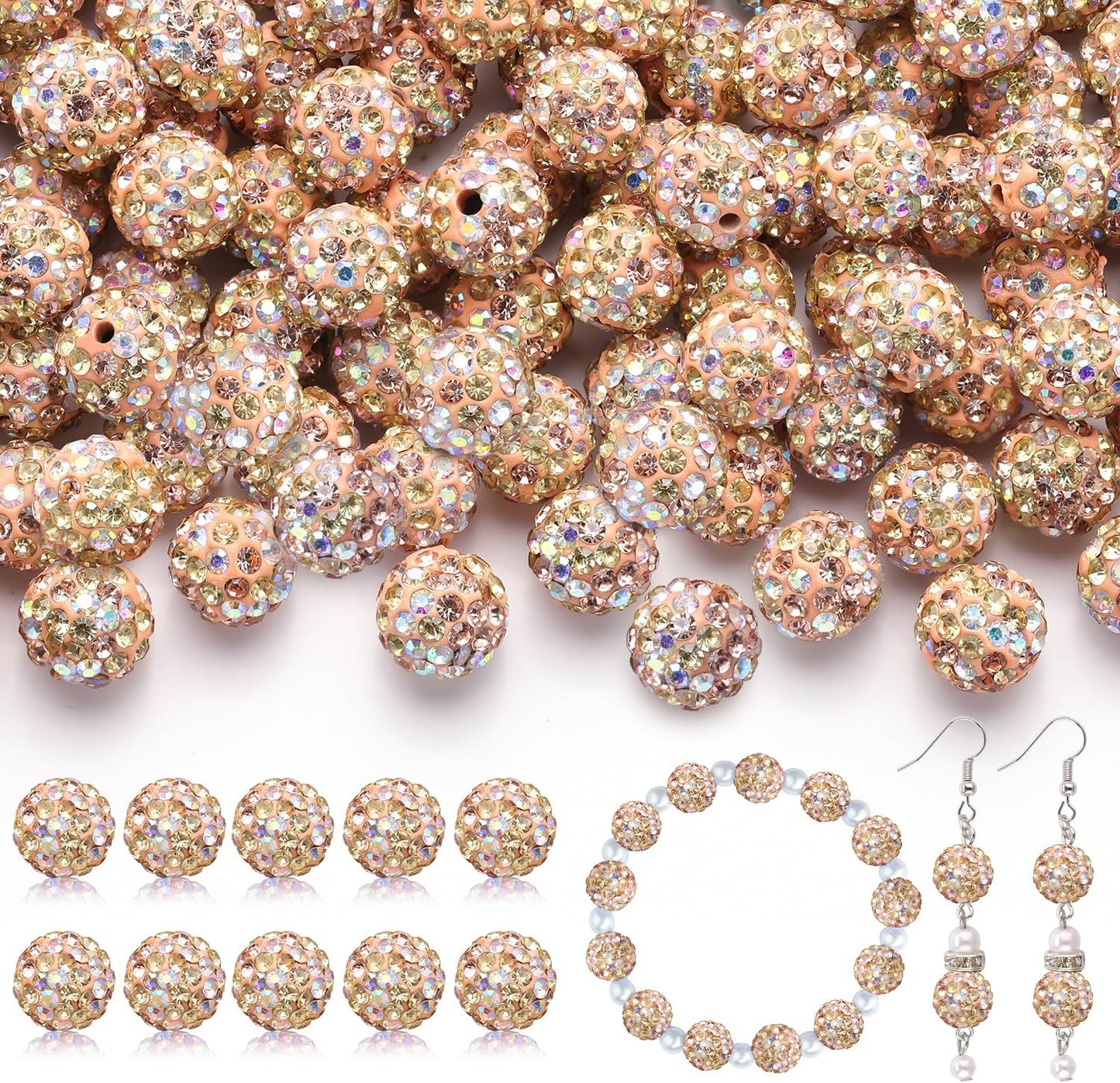 160pcs 10mm Rhinestone Beads for Jewelry Making, Light Peach AB Shiny Round Disco Beads Bulk, Sparkle Crystal Clay Christmas for Bracelet Baseball Necklace Earring Crafting and DIY