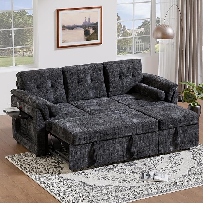 Convertible Sleeper Sofa Bed, 63 Inch Chenille Pull Out Couch by Outdoorchairs