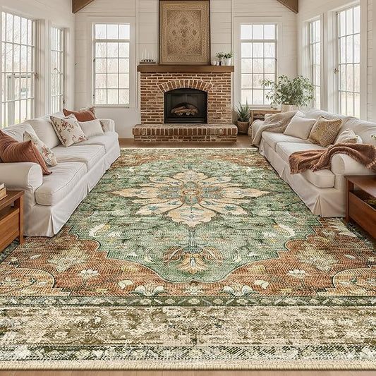 RELEANY Area Rugs 10'x14' Washable Non-Slip, Floral Vintage Distress Print by RELEANY