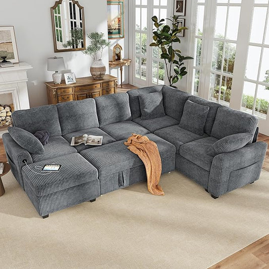 Hanherry Sectional Couch with Pull Out Sofa Bed, Corduroy Sleeper Sofa with by Hanherry