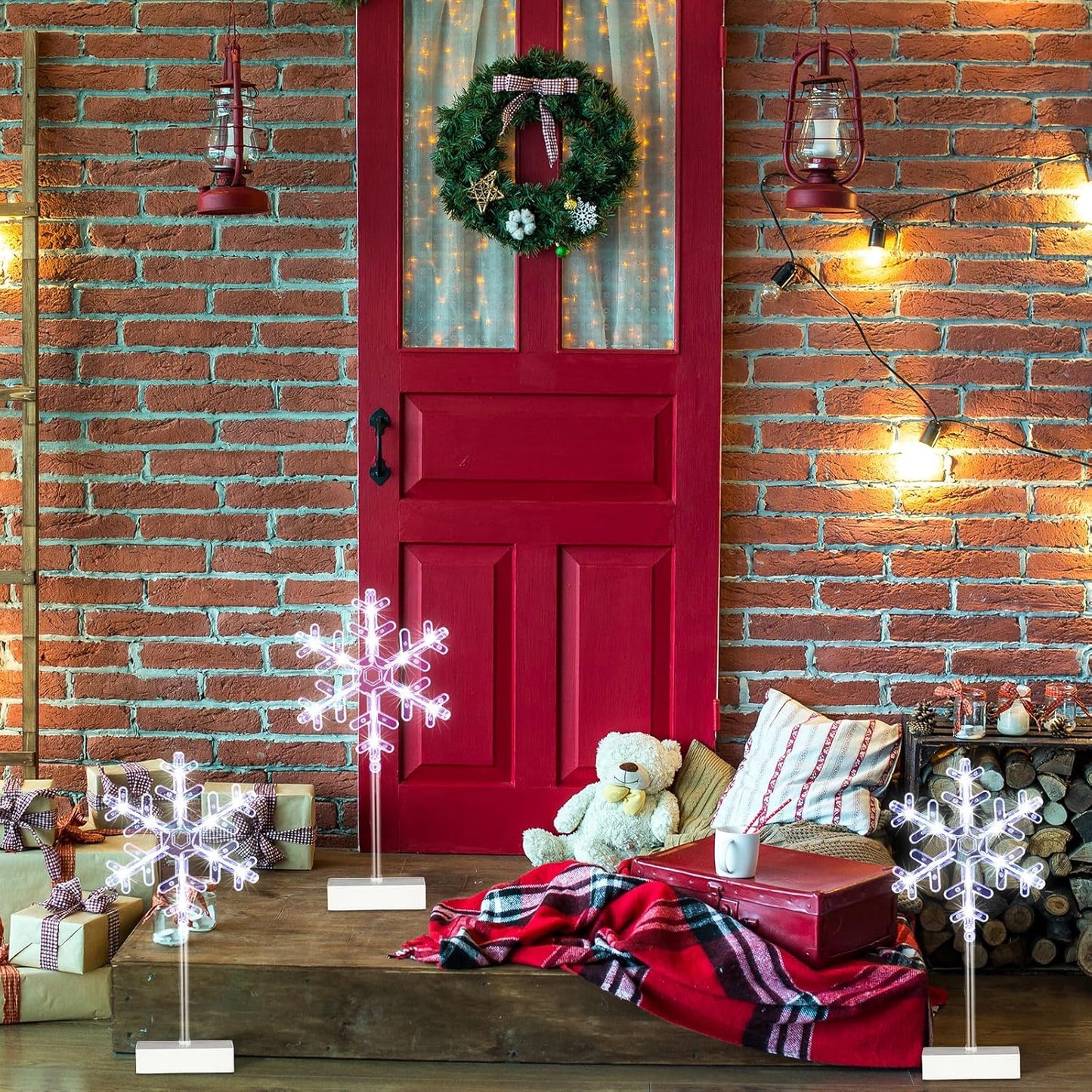 Riakrum 3 Pcs Lighted Christmas Tabletop Decorations Snowflake Table Decor Xmas Night Lights Battery Operated Christmas Centerpiece Lights Indoor for Holiday Winter Party Desk