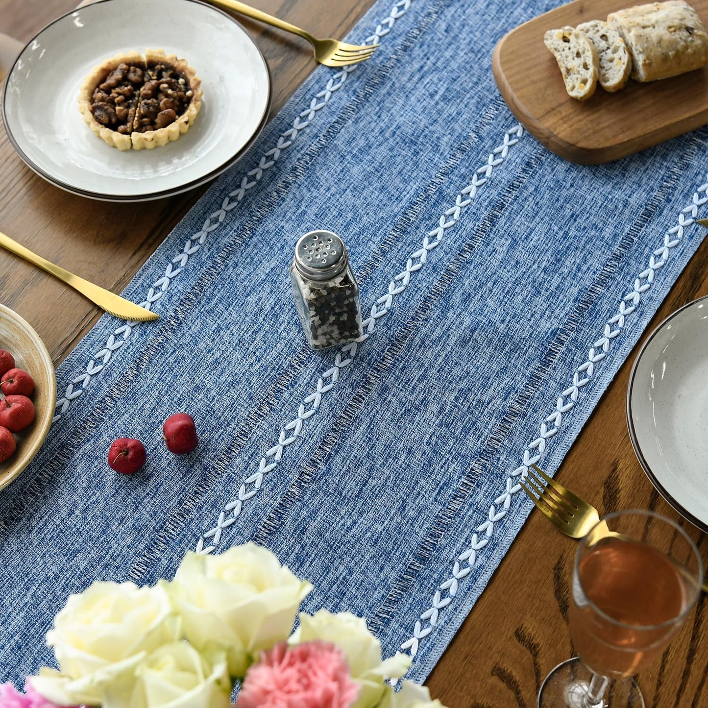 Artoid Mode Blue Rustic Cotton Linen Table Runner, Seasonal Embroidered Hollow Kitchen Dining Table Decoration for Home Party Decor 13x36 Inch