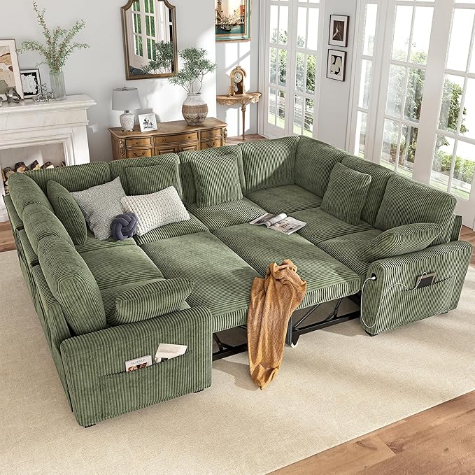 Hanherry Sectional Sofa with Pull Out Couch Bed, Corduroy Sleeper Sofa with 2 by Hanherry