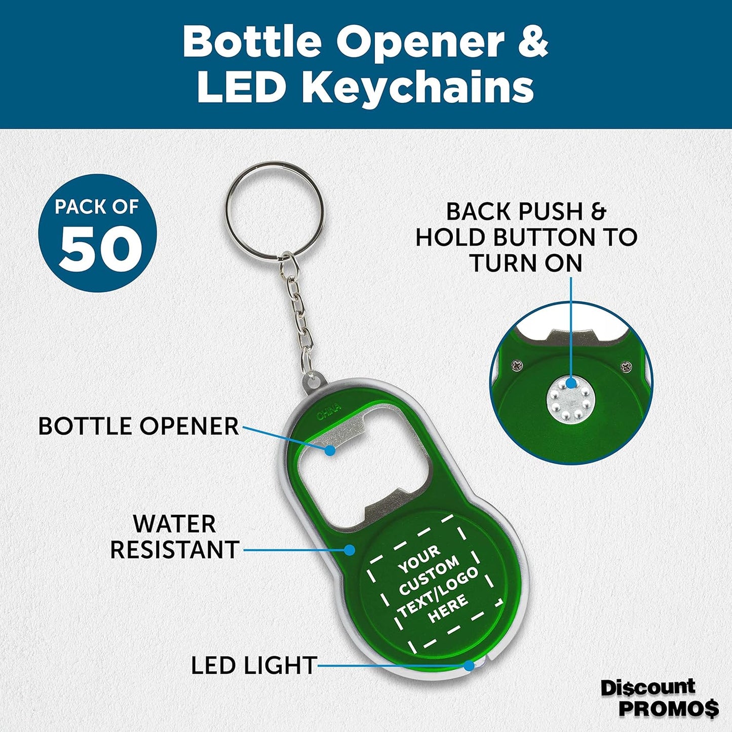 DISCOUNT PROMOS Custom Bottle Opener & LED Keychains Set of 50, Personalized Bulk Pack - Perfect for Tradeshows, Party Favors, Other Events - Green